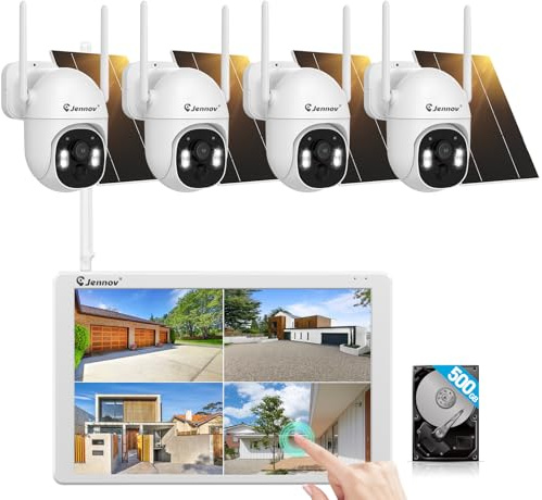 Jennov Kit Telecamere Videosorveglianza Solare con Monitor, 10CH NVR Touch