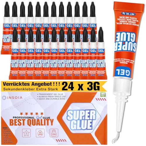 Sekundenkleber extra stark Gel 24 x 3 g,Universal alleskleber Mini Set | Kleber Mini-Tuben Präzise Anwendung, Transparent, Wasserfest,Schuhe, für Holz, Metall, Kunststoff, Keramik, Gummi, modellbau