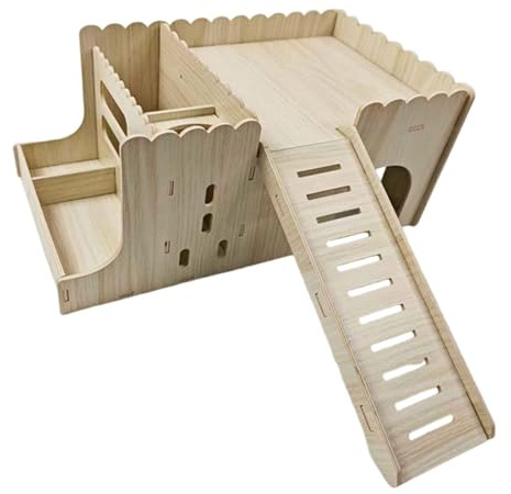 RoaQinFo Hamster Wooden House Including Sleeping Area, Hay Trough, Food Bowl And Climbing Area, Large Secure Entrance in Natural Wood, No Mat Kettle