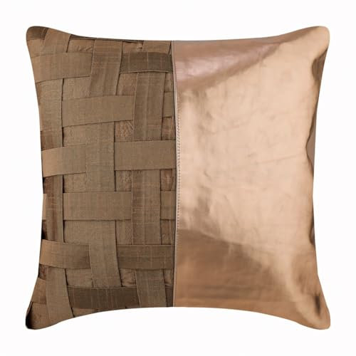The HomeCentric Handgefertigt Kupfer dekokissen, Korbgeflecht Metallisches Kunstleder sofakissenbezuge, 40x40 cm Sofa kissenbezuge, Platz Seide Kissen, Solide zeitgenossisch deko - Copper N Half