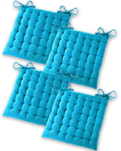 Gräfenstayn® 4er-Set Baumwoll-Sitzkissen 40x40x5cm mit Haltebändern für Indoor und Outdoor mit Öko-Tex Siegel - (Türkis)