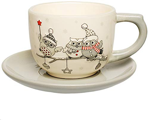 alles-meine.de GmbH 3D Effekt - Henkeltasse/Kaffeetasse mit Untertasse - lustige Eulen im Winter - groß - 200 ml - Porzellan/Keramik - weiß Teetasse Cappuccino - Trinktasse m..