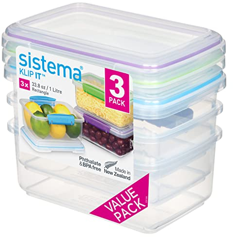 Sistema KLIP IT Frischhaltedosen Set | 1 l | auf-/ineinander stapelbare und luftdichte Vorratsdosen | geeignet für Kühl-/Gefrierschrank | BPA-frei | Sortierte Farben | 3 Stück