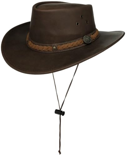 SCIPPIS Townsville Lederhut Herrenhut Cowboyhut Westernhut Outbackhut Herren - mit Kinnband, Lederband Winter Herbst Frühjahr Sommer Frühling-Sommer Herbst-Winter - XL (60-61 cm) braun