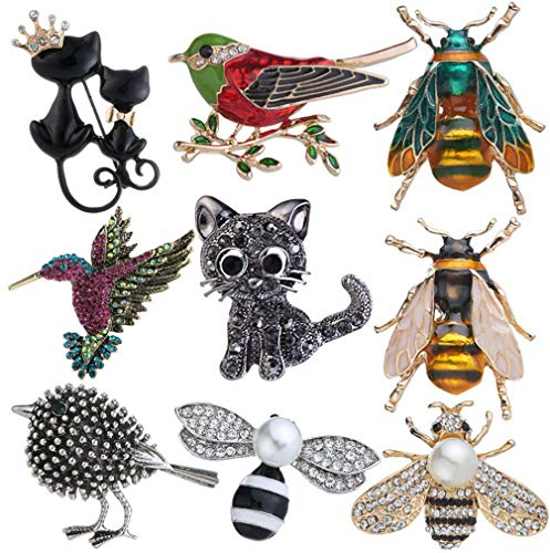 Ulalaza 9 Stücke Nette Strass Tier Insekt Brosche Set Vintage Elephannt Katze Eule Corsagen Schal Clips Schmuck zubehör für Damen