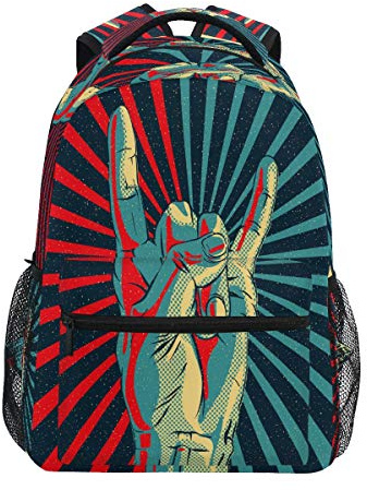 GIGIJY Hand in Rock n Roll Schild Muster Rucksack Schule Büchertasche Reisen Casual Tagesrucksack für Kinder Mädchen Jungen Herren Damen