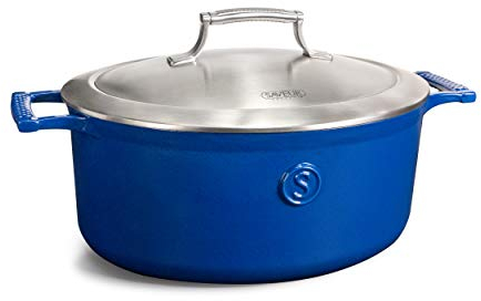 SAVEUR SELECTS 30cm / 6QT Enameled Cast Iron Oval Roaster -Stainless Steel Insulating Double-Walled Lid|Non Stick, Oven Safe 5.7L PFOA & PFAS-Free Cooking Pot Dutch Oven -Voyage Series -Classic Blue