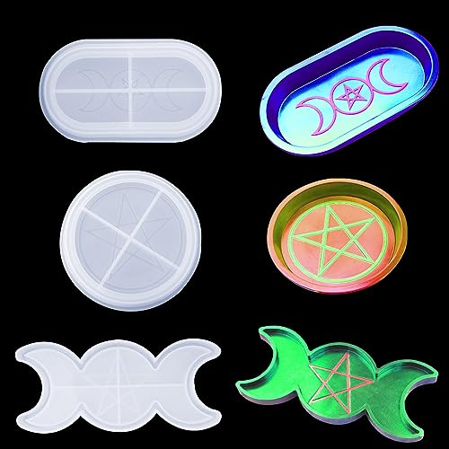 iSuperb 3 Stück Gericht Tablett Silikonformen Epoxidharz Mond Ovale und Runde Resin Form Harzform Gießformen Silikon mit Pentagramm für die Herstellung, Seifenschale
