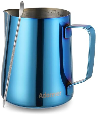 Milk Frothing Pitcher, 600ml (20oz) Steaming Pitchers Stainless Steel Milk Coffee Cappuccino Latte Art Barista Steam Pitchers Milk Jug Cup with Decorating Art Pen, Blue