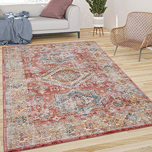 Paco Home Teppich Wohnzimmer Kurzflor Vintage Orient Muster Mit Bordüre Modern Rot Gelb, Grösse:160x230 cm