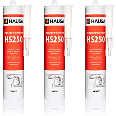Silicone haute température HS250 Colle et mastic professionnel pour joints pour températures jusqu'à 305°C Étanchéité de moteurs automobiles, industriels et marins 3x310ml (Noir) HAUSA