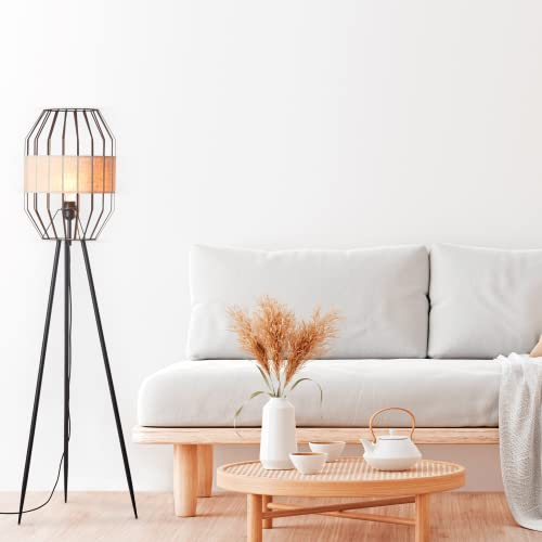 Lightbox Dreibein Stehlampe im Eastern Stil - 134 cm Höhe - Ø 45 cm - dekorative Nature Standleuchte mit Metall/Stoff Schirm in Leinen Optik - E27, max. 52 W - aus Metall/Textil - in Schwarz/Natur