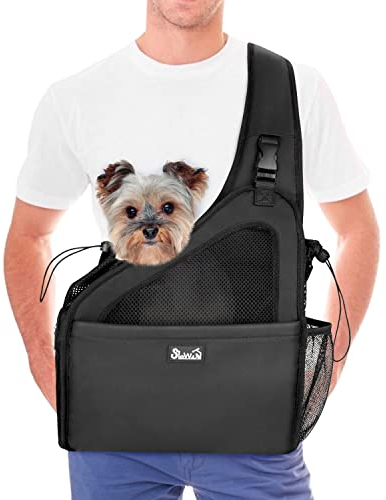 Nasjac Haustier Hund Riemen-Fördermaschine, Welpe Reisetasche Tote Verstellbarer gepolsterter Gurt Atmungsaktives Netz Harte untere Stütze Kordelzug Vordertasche Waschbar, unter 7.0kg (Schwarz)