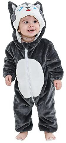 TMEOG Unisex Baby Romper Cute Warm Hase Stich Tier Lange Ärmel Reißverschluss Verdickte Fleece Herbst-Winter Kinderkleidung (6-12 Monate, A- Dunkelgrauer Husky)