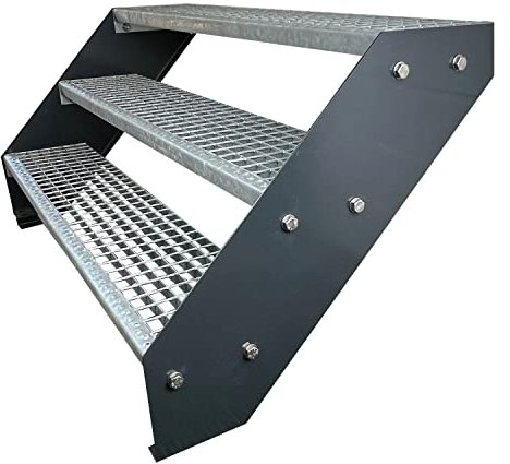 Kaminbau Mierzwa Premium Stahl Treppe Verzinkt & Anthrazit Pulverbeschichtet 3 Stufen (Breite 80 cm) (Höhe 57 cm) Wetterfest Gitterroststufe Gartentreppe