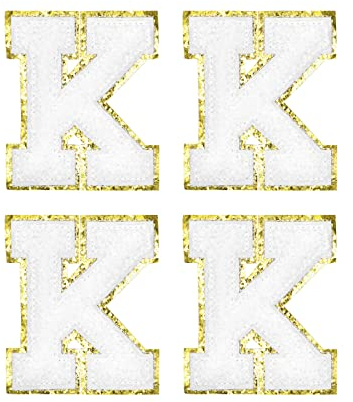 sourcing map 4 Stück Buchstaben zum Aufbügeln, Selbstklebende Chenille Buchstaben K mit Gold Rand, Gestickter Patch zum Aufbügeln für Kleidung, Tasche, Stoffe, Handyhülle(Weiß)