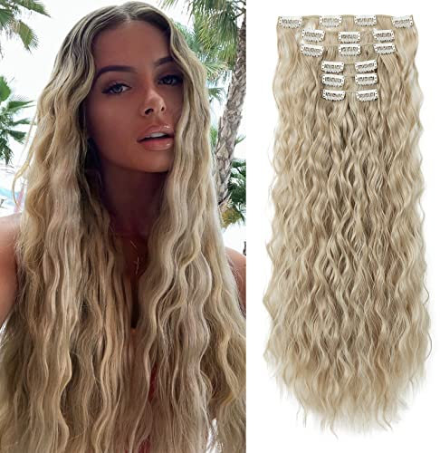 FLUFYMOOZ Clip in Extensions, 61cm 6PCS Lange gewellt Wellige Clip in Haarverlängerungen Dickes Natürliches Weiches Synthetisches Haarteil Für Frauen Mädchen Natürliches Aschblond