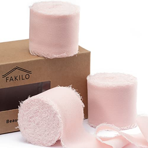 Rosa Schleife, Chiffon-Band zum Verpacken von Geschenken, FAKILO Fransenband, 3 Rollen 3,8 cm x 19,5 m Vintage-Band-Set für Hochzeitseinladungen, Geburtstags-/Urlaubsparty-Dekorationen, Brautsträuße