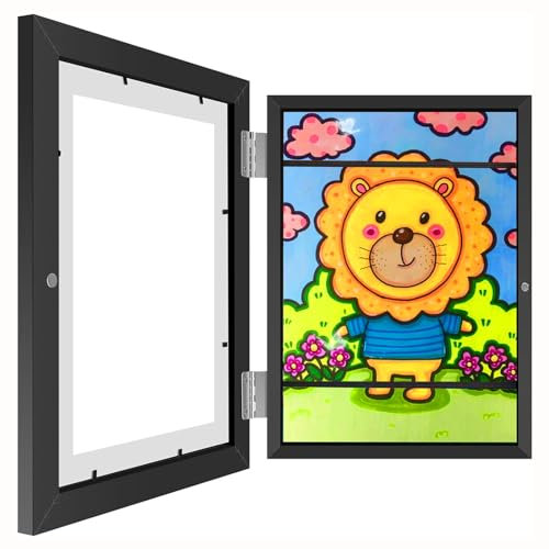 harupink Art Frames A4 Front Opening Picture Frame Artwork Display Frame with Fixed Strap Wooden Picture Frame walled Hanging Artwork Storage Picture Prame Hold up to 150 Pictures, black