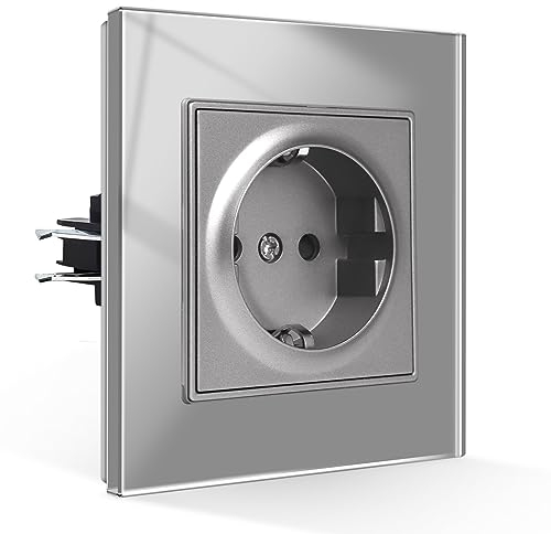 CNBINGO Schuko Steckdose Unterputz mit Krallen, Einzel Steckdose Gehärteter Glasscheibe, Grau Schutzkontakt Wandsteckdose, 1-Fach, 16Amp, 250V