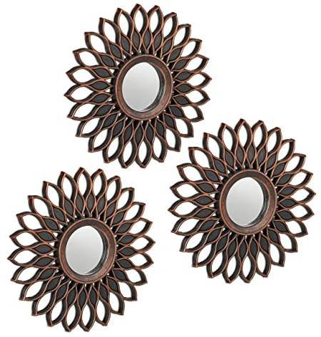 Relaxdays Spiegel 3er Set, floraler Deko Wandspiegel, Wohnzimmer, Flur, Ø je 25 cm, Kunststoff-Rahmen, Bronze/schwarz