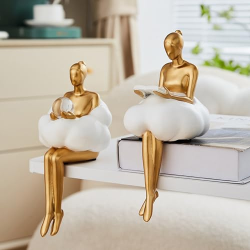 Masvan Gold Home Decor Women Thinker Statue, Modern Bookshelf Figurines Accent Decorations for Living Room, Resin Abstract Art Collectible for Office Bedroom Table Desk