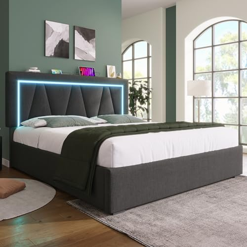 Lit 140x200 avec Sommier LED et USB Type C, Lit Coffre 140x200 avec Rangement et Tete de Lit, Lit Double avec à Lattes Lit 2 Personnes, Lit Rembourré Cadre de lit 140x200(sans Matelas)