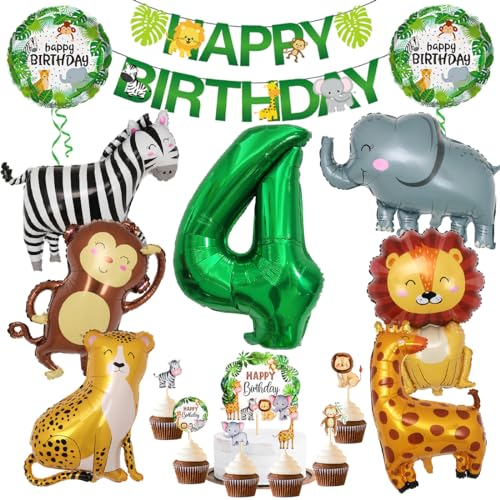 Dschungel Deko 4 Geburtstag, 4 jahr Kinder Geburtstagsdeko, Safari Tiere Folienballon 4, 17 Stück Wild Party Geburtstags Dekoration, Waldtiere Grüner Luftballon für Mädchen Junge Kinder Geburtstag