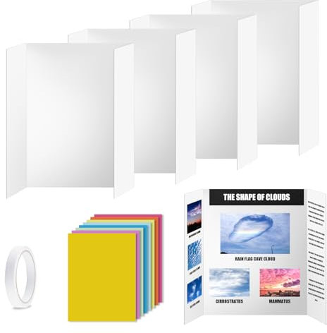 POUYRBA Lot de 4 tableaux d'affichage à trois volets, 66 x 43,2 cm, blanc avec ruban adhésif double face et papiers colorés ondulés pour projet d'école et d'entreprise