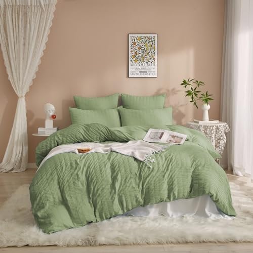 DXHOME Bettwäsche 155x220cm Seersucker Grün Salbeigrün Wende Bettwäsche Weiche Microfaser Atmungsaktiv Bettbezug Sets mit Reißverschluss und 2 Kissenbezüge 80 x 80cm