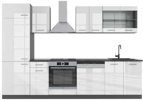 Vicco Küchenzeile R-Line, Küchenblock, Weiß Hochglanz/Anthrazit, 300 cm, AP Marmor