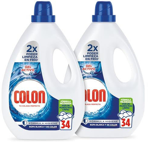 Colon Gel Activo Detergente para ropa 68 lavados Formato 2 botellas de 34 lavados, 68 Dosis
