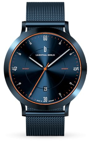 Lilienthal Berlin Zeitgeist Automatik Uhr Blue Orange – hochwertige Herrenuhr am dunkelblauen Mesh-Armband aus blauem Chirurgenstahl mit einem Automatikwerk & Saphirglas – 42,5 mm