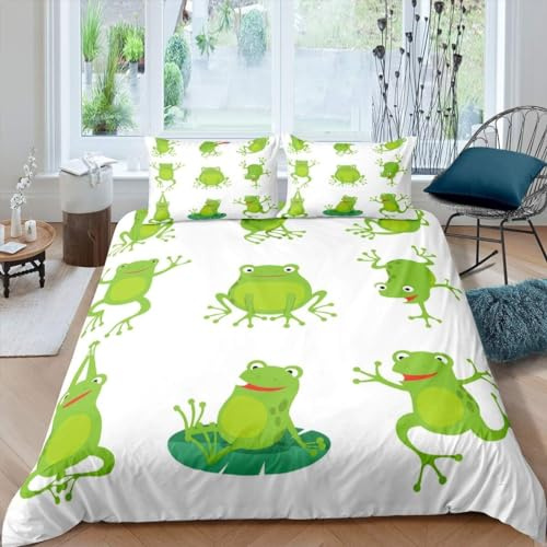 Loussiesd Kinder Bettwäsche Set 135x200cm - Frosch Drucken, Niedliches Karikatur Tiermuster Bettbezug für Jungen Mädchen - Mikrofaser Grüner Blattfrosch Natur Thema Raumdekor