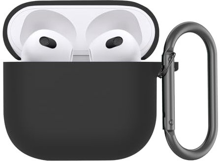 Qoosea Silikon Hülle für Apple AirPods 4 Earbuds Schutzhülle, Stoßfeste Silikon Case Schutzhülle mit Karabiner, [Kabelloses Laden] Cover Kompatibel mit AirPods 4 2024, Schwarz