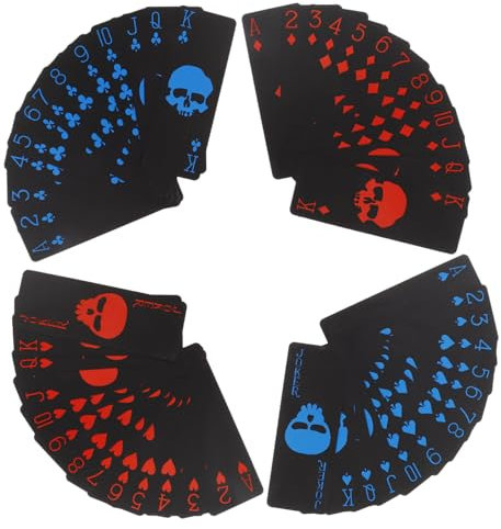 ibasenice PVC Pokerkarten Totenkopf Motiv Kunststoff Spielkarten mit Matter Oberfläche Schwarz mit Rot Blauem Design für Partys und Familienspiele