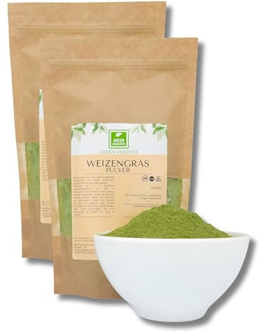 Weizengras Pulver aus jungen Gräsern 500g (2x250g) von der Grünen Essenz - Junges Weizengraspulver - 100% Weizengrass für eine grüne Smoothie Bowl oder Smoothie (500 Gramm)
