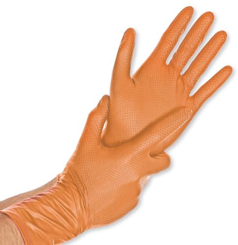 FRANZ MENSCH 50 Stück Nitrilhandschuhe Power Grip Long Extra | puderfrei, Packung, orange, 12/XXXL, L: 30cm, Einmalhandschuhe, Gastronomiehandschuhe, Industriehandschuhe, Montagehandschuhe