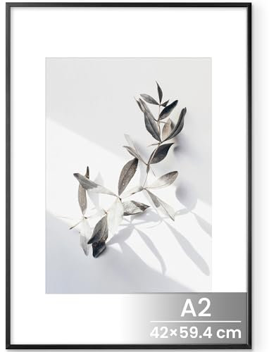 Feihorrm Bilderrahmen, Aluminium A2 42x59,4 cm Fotorahmen, Für 42x59,4 cm-Fotos ohne Passepartout oder 28,7x41 cm-Fotos mit Passepartout, Metall Rahmen Mit gehärtetem Glas (Schwarz, 1x)