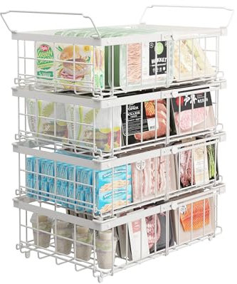 UMDONX Cesta para Congelador de 4 piezas blanco - Cestas apilables para congelador con asa, para congelador de 283 a 566L, organizar ingredientes congelados,Longitud extensible (29-45x30x15cm)