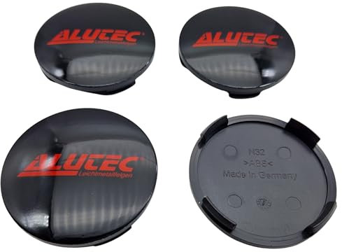 Alutec Lot de 4 cache-moyeux 64 mm noir brillant (N32) avec logo rouge – Couvercle de jante d'origine