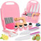 Kindermesser Set-13pcs Kinder Küchenmesser mit Faltbarer Aufbewahrungsbox und Holzmesser/Wellenschneider Montessori Messerset Spielzeug für Kinder ab 2 3 4 5 6+ Jahre-Rosa