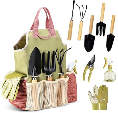 Gartenwerkzeug Set, 9 Stück Gartengeräte mit Gartengeräte Organizer Handtasche, Gartenschaufel mit Holzgriff, Blumenschere, Gartenkralle, Geschenke für Gartenliebhaber, Garten Geschenke für Frauen