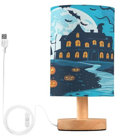 Fuauuyl Happy Halloween Lampada da tavolo con porte di ricarica USB Lampade da comodino per camera da letto lampada con paralume rotondo in tessuto di lino per soggiorno dormitorio camera da letto
