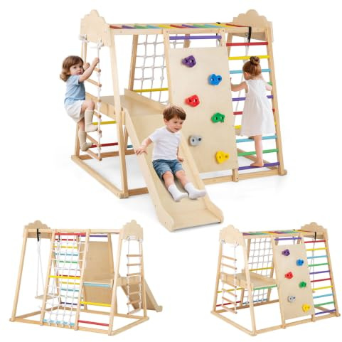 COSTWAY Gimnasio Infantil para Interior 8 en 1, Parque Infantil de Madera Montessori para Escalar con Barras de Mono, Tobogán Desmontable, Columpio, Escalera de Cuerda (Multicolor)