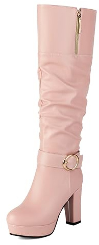 Lroey Reoly Donna Tacco Alto a Blocco Stivali Alti con Plateau Punta Rotonda Slouch Cx890 Rosa Numero 46 EU