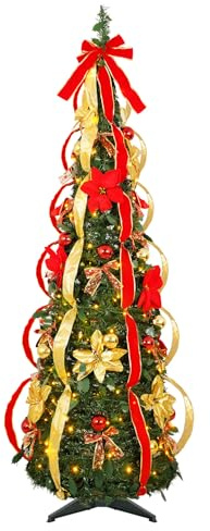AGM 1.8M Pop Up Weihnachtsbaum mit Beleuchtung, PVC Künstlicher Weihnachtsbaum mit Schleifes, Bänders, Weihnachtskugeln und Weihnachtsblumen, Tannenbaum Künstlich für Weihnachten Dekoration