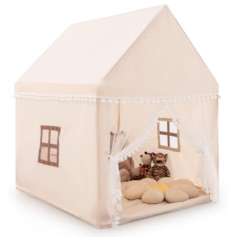 COSTWAY Kids Play Tent, Wooden Large Toddler Playhouse with Washable Mat and Windows, Indoor Outdoor Castle Fairy Tents for Boys Girls (Beige)