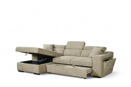 Beige Fabric Corner Sofa Bed with Storage, USB and Wireless Charging Dock ARTHUR - L Shaped Pull Out Sofa Bed 3 Seater for Family Living Room with Cushions, 220 x 140 cm Sleeping Area, Left Hand