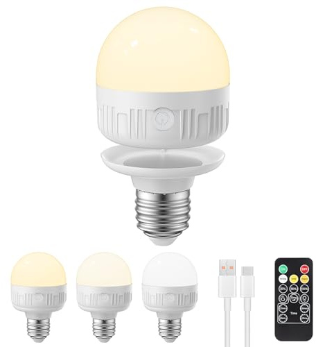 LGMCF E27 Rechargeable Light Bulb, 8W, 3 Colors, Timer, Dimmable, 1 Pack | Remote Control, Magnetic Base, Battery Powered, Portable, LED Light Bulb, Detachable Charger for Non-Hardwired Lamps